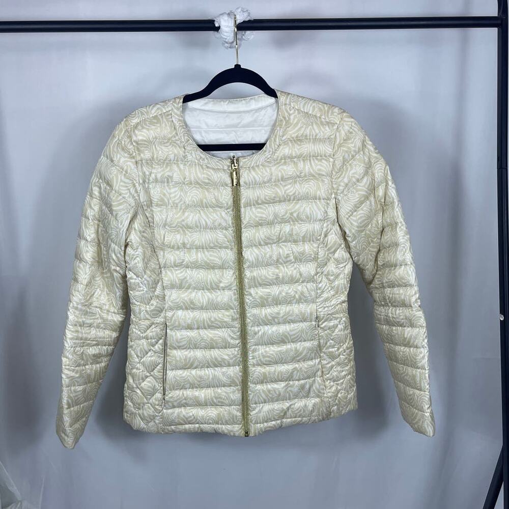 Lilly Pulitzer reversible puffer JACKET zebra print white gold poly/down fill S